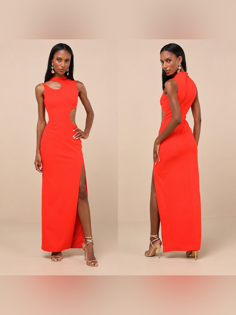 Lulus Sindra Bright Orange Cutout Column Maxi Dress Size Small NWT $78